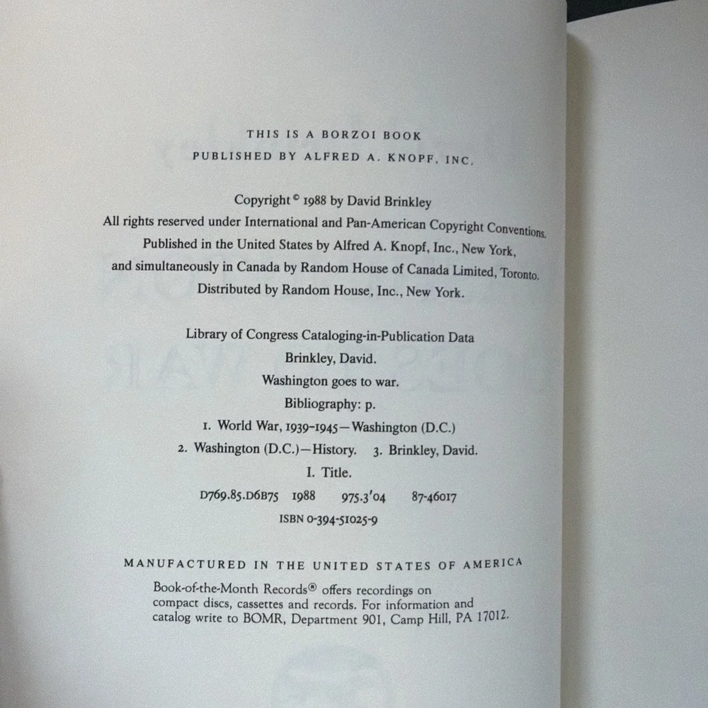 Washington Goes To War David‎ Brinkley First Edition USA Vintage 1988 HCDJ